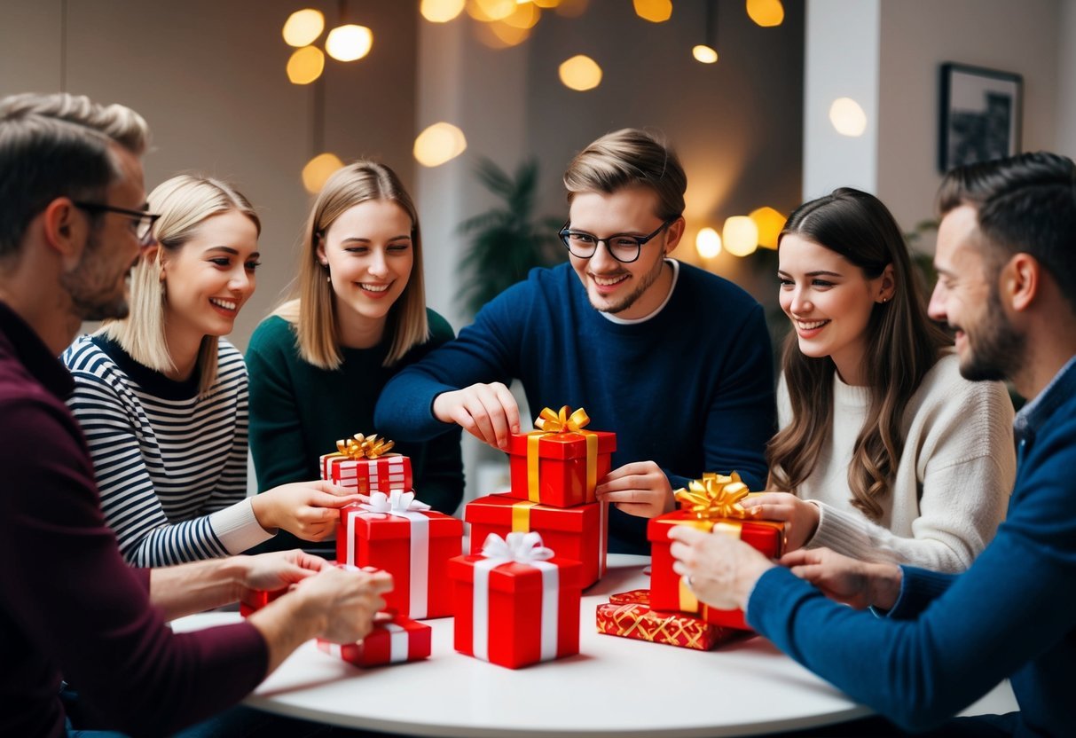 En gruppe venner samles omkring et bord ivrigt byttende gaver fra fisto dk til det traditionelle danske spil pakkelegen