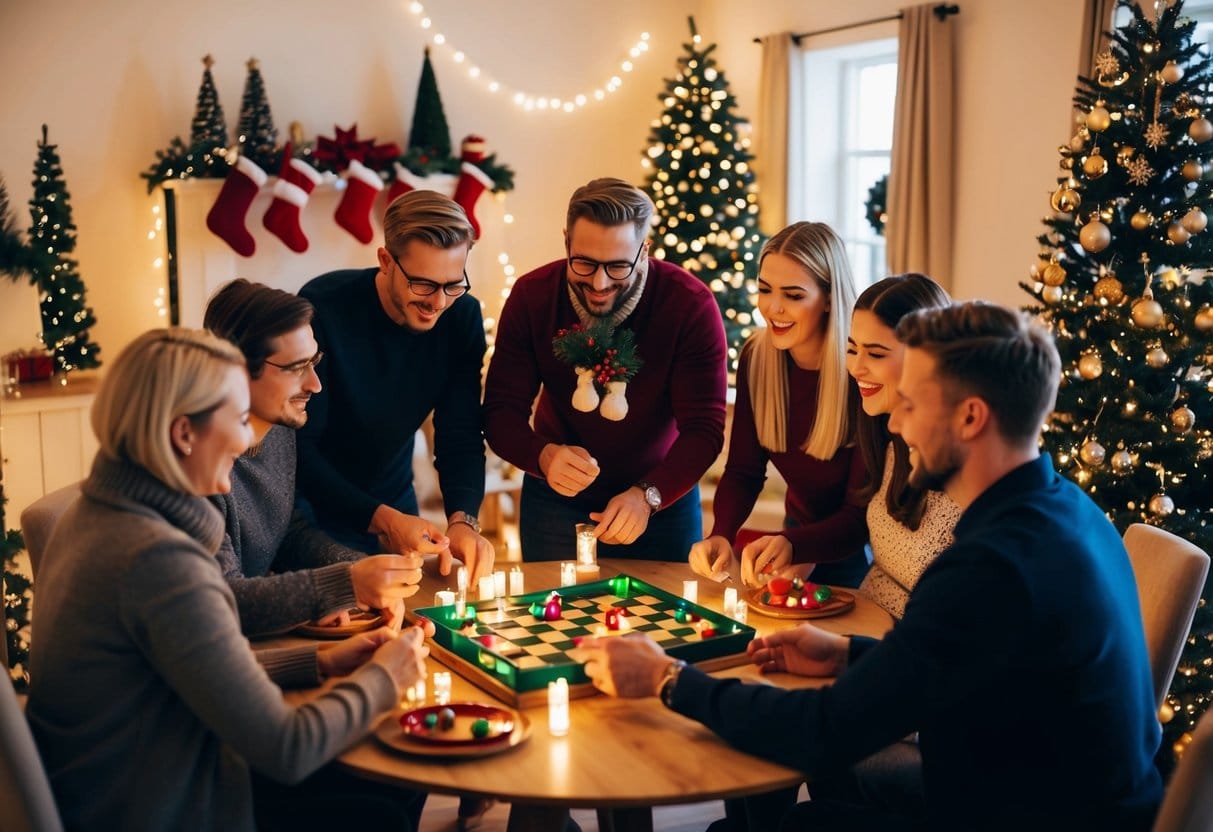 A group mennesker samles omkring et bord omgivet af blinkende lys og festlige dekorationer mens de spiller pakkeleg og lytter til julemusik samt synger med på traditionelle julesange